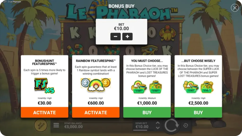 Le Pharaoh Feature Buy options with four bonus buy price tiers