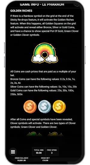 Le Pharaoh Golden Riches feature and coin values